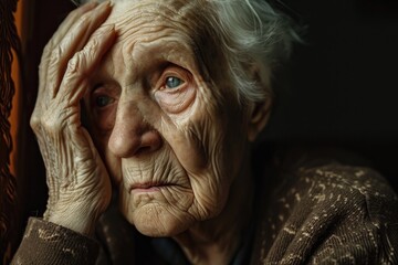 Very old sad woman looking away with her hand on her face - obrazy, fototapety, plakaty