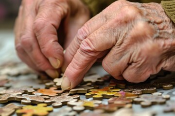 Elderly person hands put in together a puzzle 