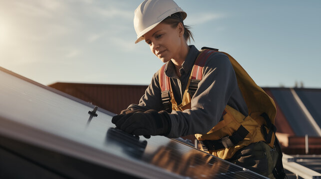 Female engineer working setup Solar panel at the roof top. Engineer or worker work on solar panels or solar cells on the roof of business building