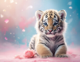 A cute tiger cub lying in a dreamy pink and teal color environment. Valentine's Day concept. Valentine's Day, Love, Romance, Birthday card, gift.