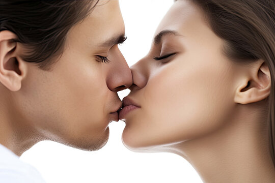 Couple kissing on white background