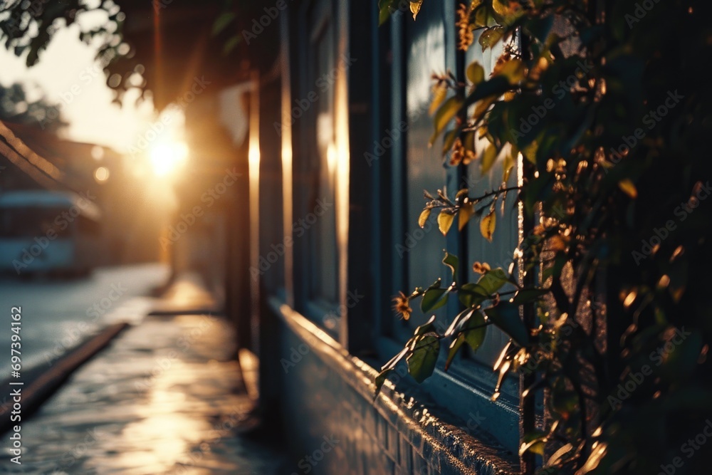 Poster sunlight shines through a window, illuminating the interior of a building. ideal for architectural d