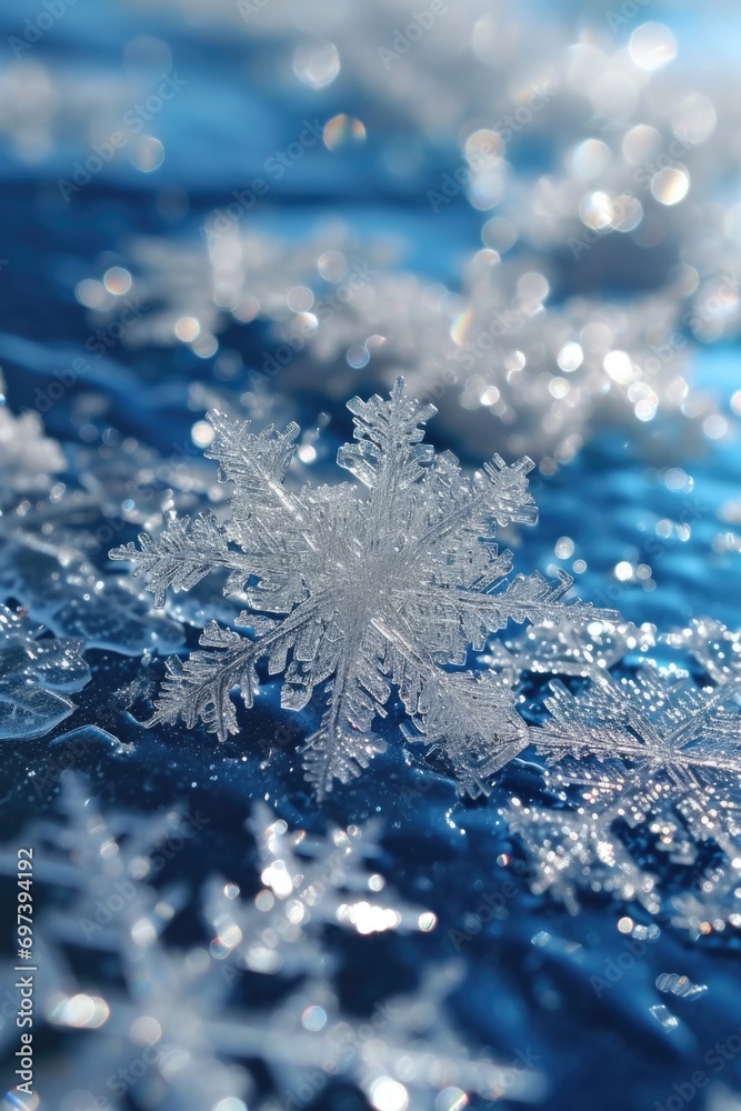 Poster a detailed close-up of a snowflake on a smooth blue surface. perfect for winter-themed designs and h