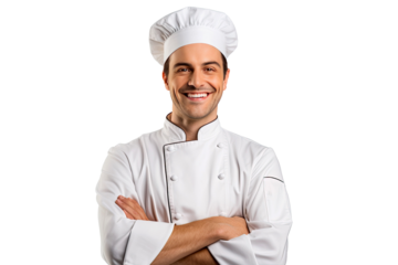 Portrait of male chef with uniform and cap posting with happy smile isolated on transparent background.