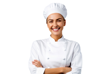 Portrait of young chef woman with uniform and cap posting with happy smile isolated on transparent background.