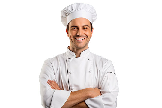 Portrait of male chef with uniform and cap posting with happy smile isolated on transparent background.