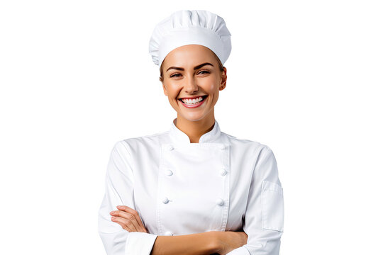 Portrait of young chef woman with uniform and cap posting with happy smile isolated on transparent background.