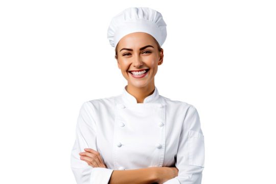 Portrait of young chef woman with uniform and cap posting with happy smile isolated on transparent background.