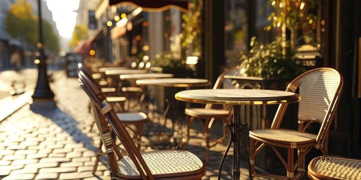 A row of tables and chairs set up on a sidewalk, ideal for outdoor dining or social gatherings. Perfect for restaurant promotions or event advertisements