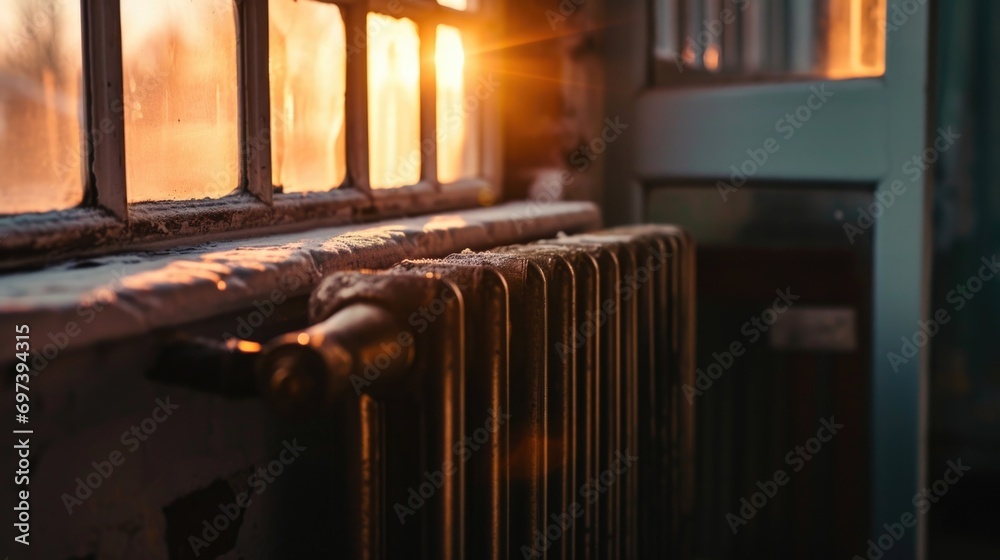 Poster a radiator sitting next to a window in a room. suitable for home interior design or heating system c