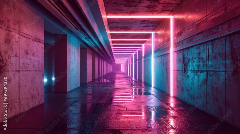 Poster a captivating image of a long hallway illuminated by vibrant neon lights. perfect for conveying a fu