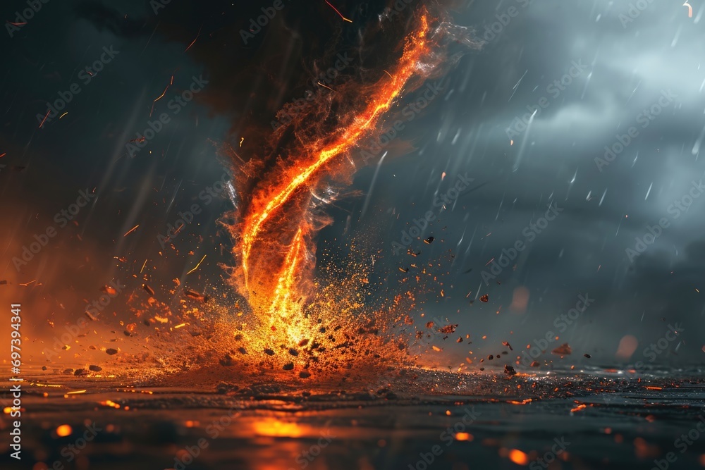 Poster A scene depicting a tornado emerging from the ground amidst a combination of fire and water. This image can be used to represent the power of nature or as a metaphor for chaos and destruction.