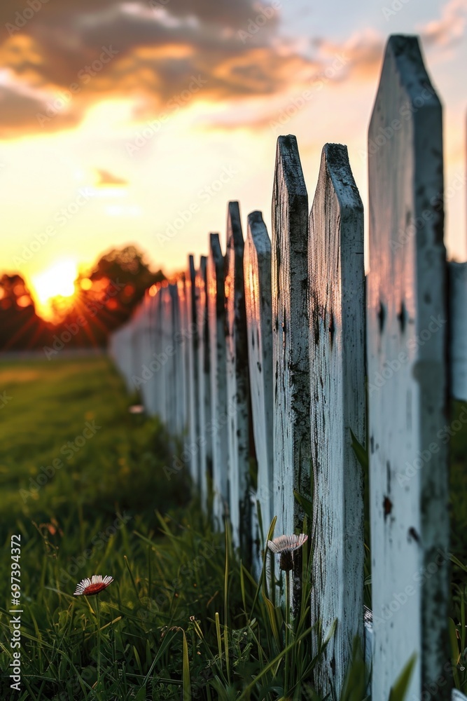 Poster A picture of a white picket fence standing in a grassy field with a beautiful sunset in the background. Perfect for adding a touch of charm and tranquility to any project