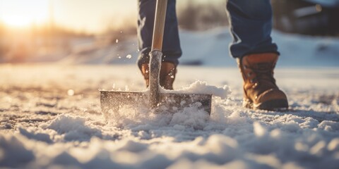 A person using a snow shovel to clear snow. Ideal for winter maintenance and snow removal purposes - obrazy, fototapety, plakaty