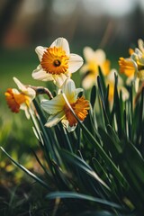 A group of yellow and white flowers in a field. Suitable for nature, gardening, and floral themes