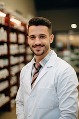 Smiling pharmacist in a white coat, providing expert healthcare service with confidence in a pharmacy.