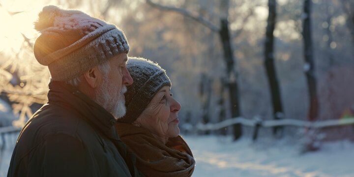 A picture of a man and a woman standing side by side in a snowy landscape. This image can be used to represent love, companionship, or winter activities.