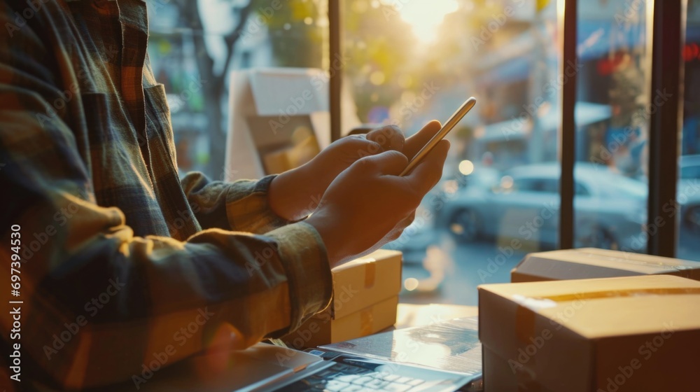 Poster A man sitting at a table using a cell phone. Can be used to illustrate modern technology and communication