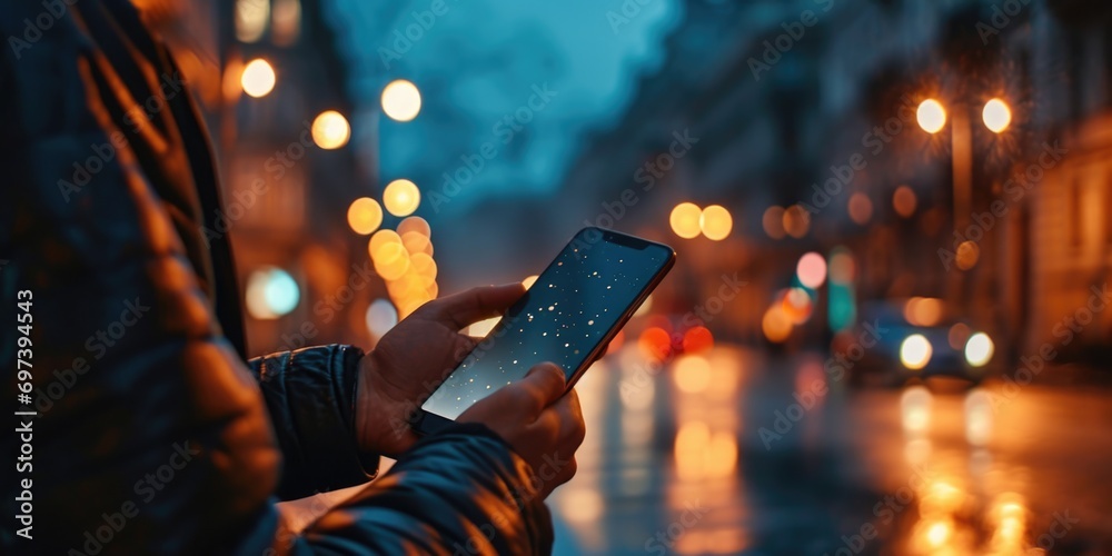 Poster a person is seen holding a smart phone on a busy city street. this image can be used to depict techn