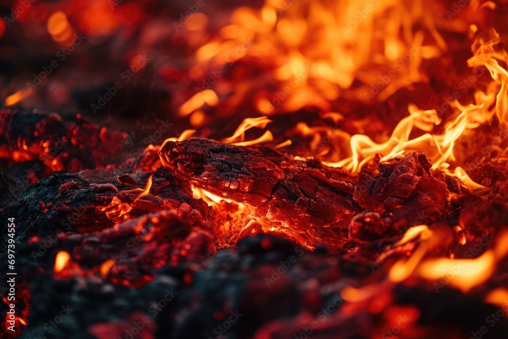 Poster Close-up shot of fiery flames in the background. Perfect for adding a dramatic touch to any project