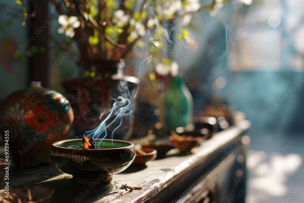 Poster A close up view of a bowl of incense on a table. This image can be used to create a calm and peaceful atmosphere in various settings