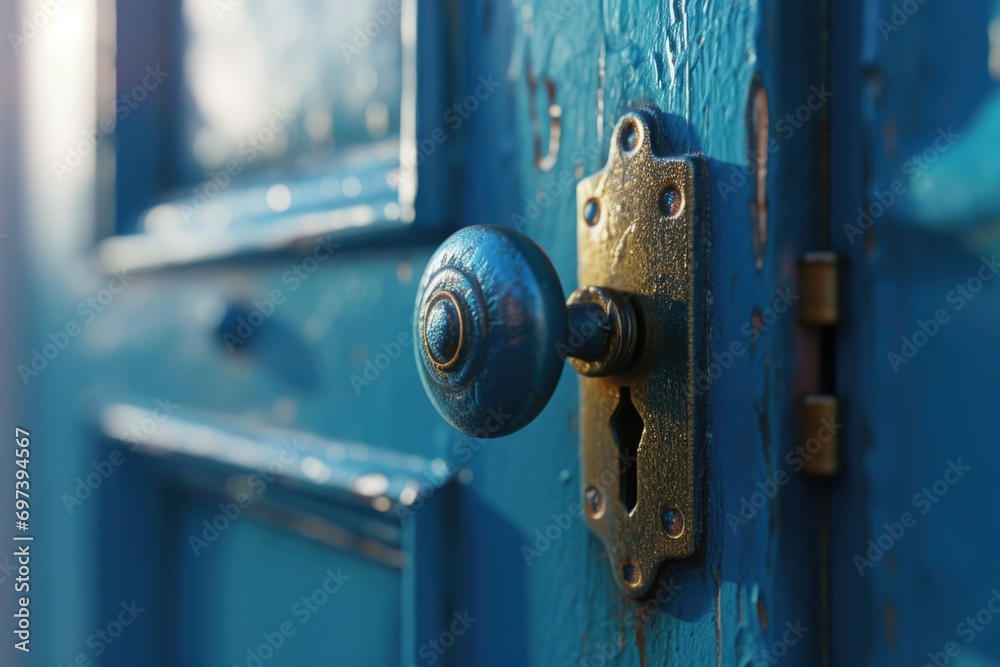 Poster A close-up view of a door handle on a blue door. This image can be used to showcase architectural details or to represent security and access