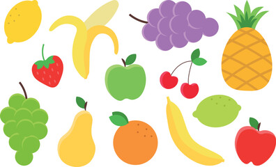 A set of vector fruits isolated on a transparent background. banana, apple, pear, pineapple, orange, lime, lemon, cherry, strawberry, grape