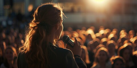 A woman confidently holds a microphone in front of a large crowd. Perfect for events, public speaking, or presentations - obrazy, fototapety, plakaty