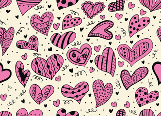 Seamless pattern of cute hearts. Wallpaper for season decoration, wrapping paper, clothing prints. Vector illustration.