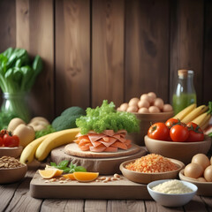 Selection of healthy food on rustic wooden background