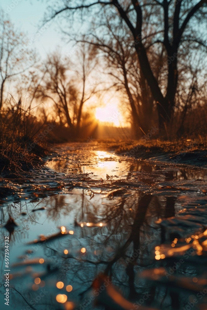 Poster a puddle of water with trees in the background. suitable for nature and landscape themes
