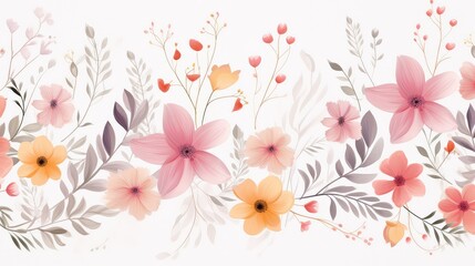 delicate and elegant floral pattern with delicate flowers and foliage. Various types of flowers in pink and orange are scattered. Green leaves .Light background - obrazy, fototapety, plakaty