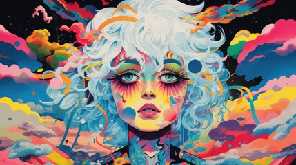 bright, colorful, mysterious, girl among a surreal landscape. stands against the backdrop of bright clouds and starry sky. filled with abstract elements, floating balls and whimsical shapes
