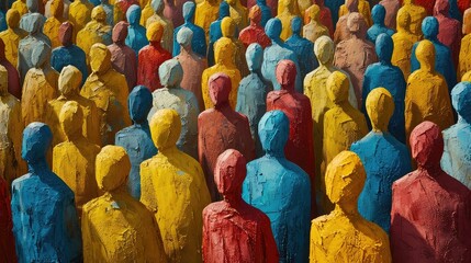 a crowd of people in the form of colorful silhouettes. painted in blue, orange, purple, yellow. The silhouettes are not detailed, but are depicted as faceless figures resembling human forms.