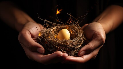 human hands gently cradling a bird's nest with a golden egg inside. A nest made of dry branches and grass sits securely in the hands, symbolizing safety and protection.