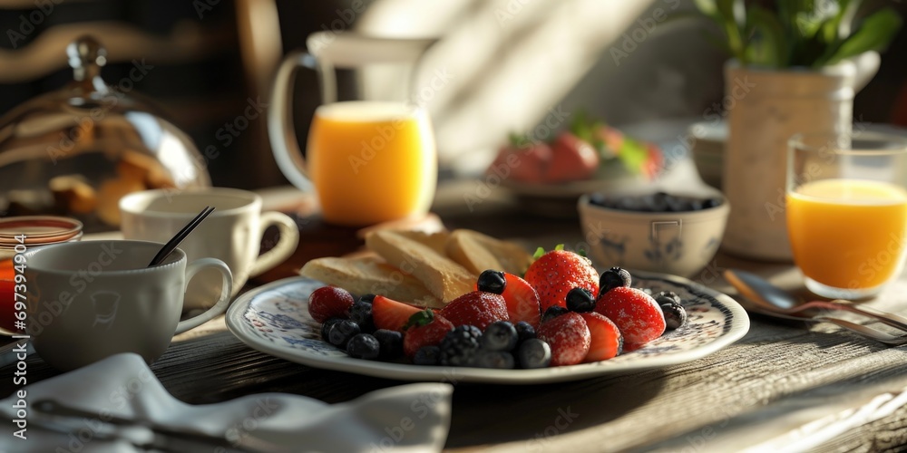 Poster a plate of fruit and bread displayed on a table. suitable for food and nutrition-related content