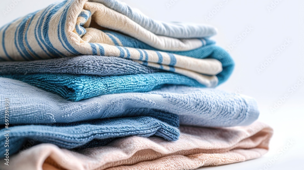 Poster A stack of towels neatly arranged on top of each other. Perfect for adding a touch of luxury to any bathroom or spa setting