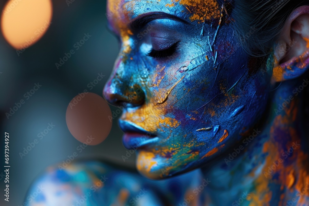 Aufkleber a close-up view of a woman's face painted in vibrant blue and orange colors. this striking image can