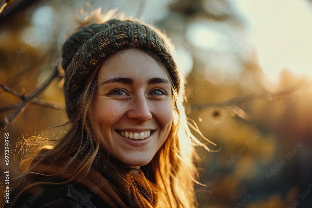 Wall mural A woman wearing a hat smiles directly at the camera. Perfect for lifestyle and portrait photography projects