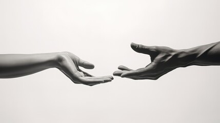 This is a black and white illustration of two hands reaching towards each other. One hand is lighter and the other is darker; they almost touch, but not quite. The background is simple and light. - obrazy, fototapety, plakaty