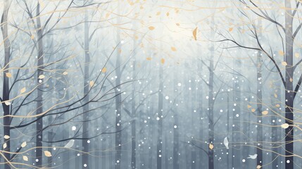 An enchanting winter wonderland: serene snowfall among bare trees with a solitary bird perched, capturing the essence of winter tranquility