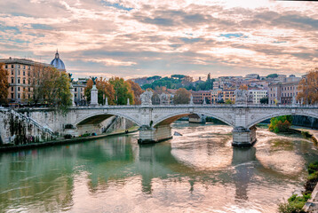 Ponte Vittorio Emanuele II, a three arches bridge across river Tiber, in the historic center of...