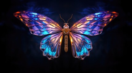 butterfly with iridescent wings. a spectrum of shining colors shimmer from the light. The wings display intricate vein patterns, adding detailed texture and natural artistry to the image.