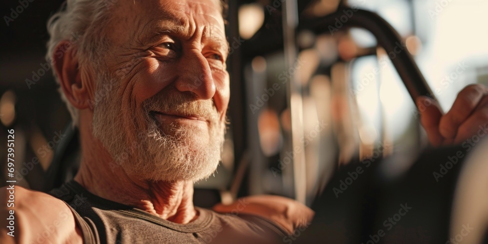 Poster an older man is shown performing a pull-up exercise in a gym. this image can be used to depict fitne