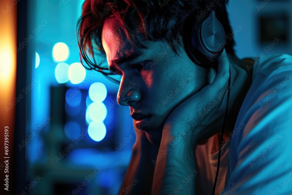 Poster a man wearing headphones is sitting in front of a computer, focused on his work. this image can be u
