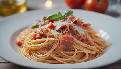 Spaghetti all'Amatriciana with pancetta, tomatoes and pecorino cheese