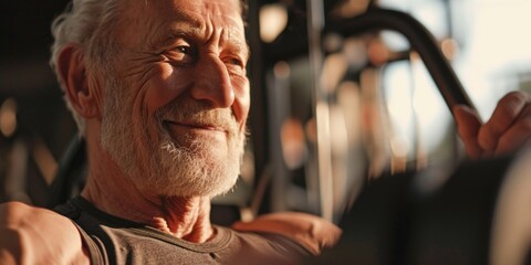 An older man is shown performing a pull-up exercise in a gym. This image can be used to depict fitness, strength, exercise, and healthy lifestyle - Powered by Adobe