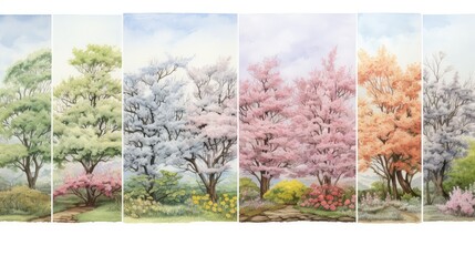 Watercolor illustration of trees at different stages of flowering. a distinct season or stage with different colors and types of foliage.