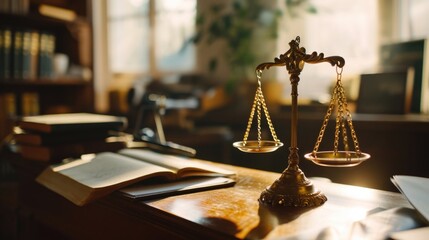 A wooden desk with a scale of justice on top. Suitable for legal and justice-related concepts - obrazy, fototapety, plakaty