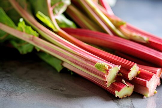 A detailed close-up of a bunch of rhubarb placed on a table. This image can be used to showcase fresh produce or in culinary-themed designs